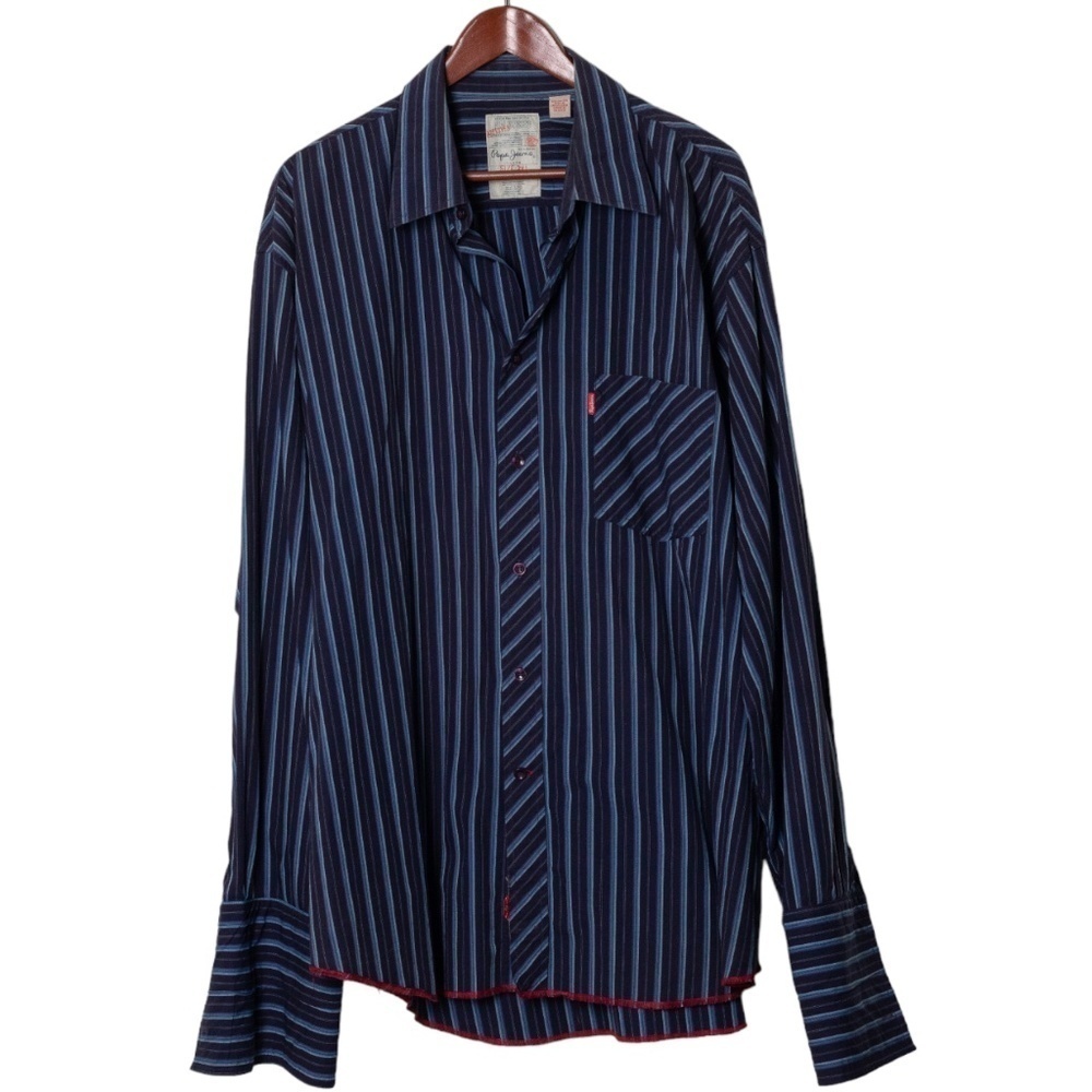 Pepe Jeans French Cuff Striped Casual Button Down Shirt Navy Size 3XL Men's